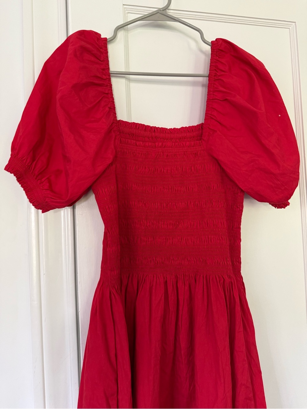 Madewell Red Puff Sleeve Smocked Midi Dress - Picture 3 of 7